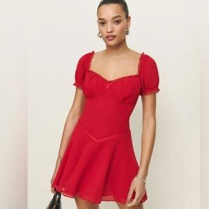 Reformation Ondine drop waist cap sleeve mini dress in Lipstick red